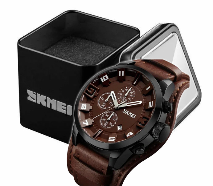 Наручний чоловічий кварцовий годинник Skmei 9165 на масивному шкіряному коричневому ремінці