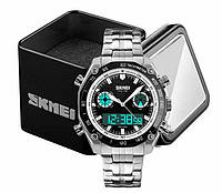 Наручний чоловічий кварцовий цифровий годинник Skmei 1204 в сталевому корпусі сріблястий