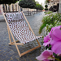 Розкладний дерев'яний шезлонг крісло для дачі, пляжу та кафе «But first coffee» Лежак 110х60 см (SHZL_19L024)