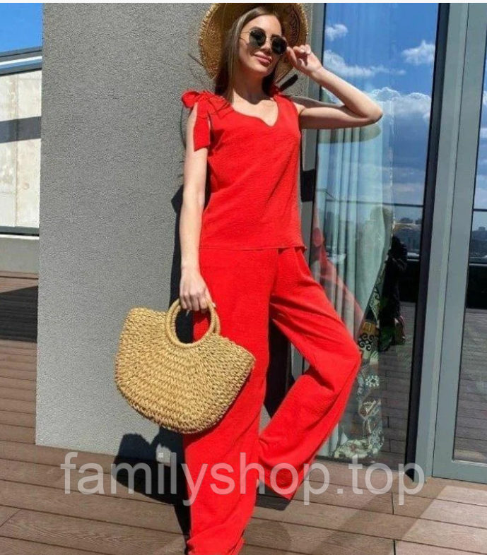 Літній жіночий костюм жіночий стильний легкий повсякденний, колір червоний, блакитний, чорний, хакі