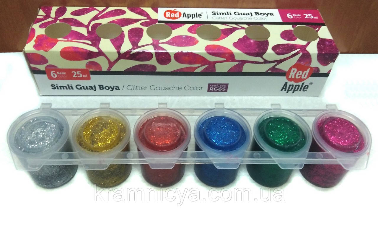 Гуаш з глітером по 25 ml 6 кольорів в спайці (RG6S), фото 1