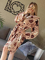 Халат махровый женский короткий с капюшоном мягкий теплый пушистый домашний бежевый для дома Хал кор 67