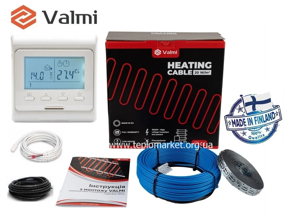 Тепла підлога Valmi  8м²-10м² /1600В(80м) двожильний нагрівальний кабель 20 Вт/м з терморегулятором E51