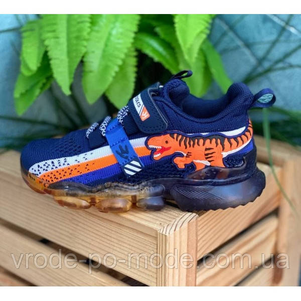 Блискучі дитячі повітропроникні сині кросівки з динозаврами TYRANNOSAUR, для дітей, миготлива підошва, фото 1