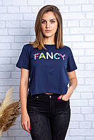 Стильная женская футболка укороченная Joggy синяя с принтом