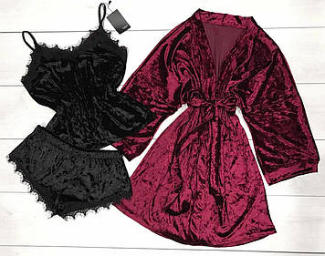 Жіночий комплект із велюру, халат і піжама