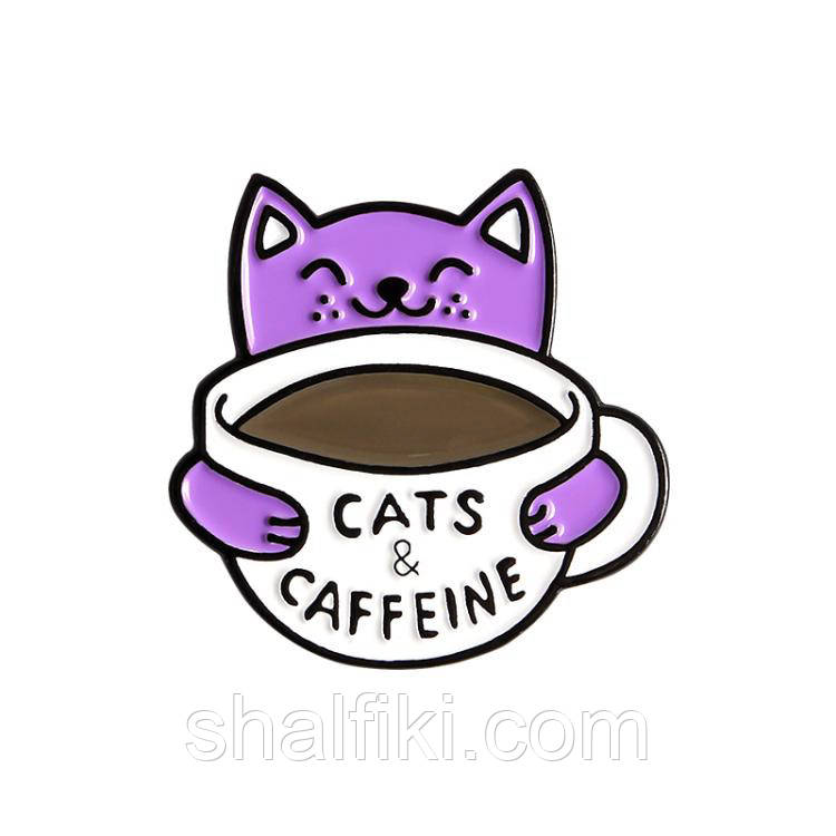 "Коти та кофеїн Cats and Caffeine" значок (пін) металевий, фото 1