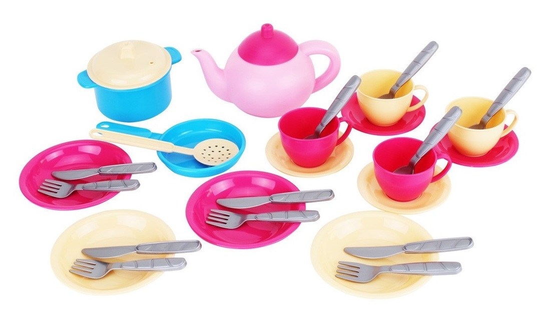 Набір посуду Маринка 11 ТехноК 1653 каструля чайник сервіз тарілки прилади дитяча іграшка пластикова для дітей, фото 1