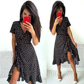 Літнє плаття на запах з асиметрією з оборкою внизу принтована (р. S-L) 9032779