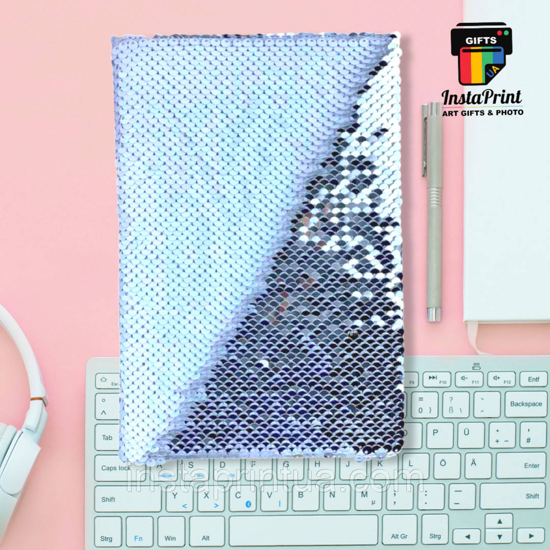 Блокнот із паєтками А5 сріблястий + друк фото/ картинка/ текст/лого/прикол, фото 1