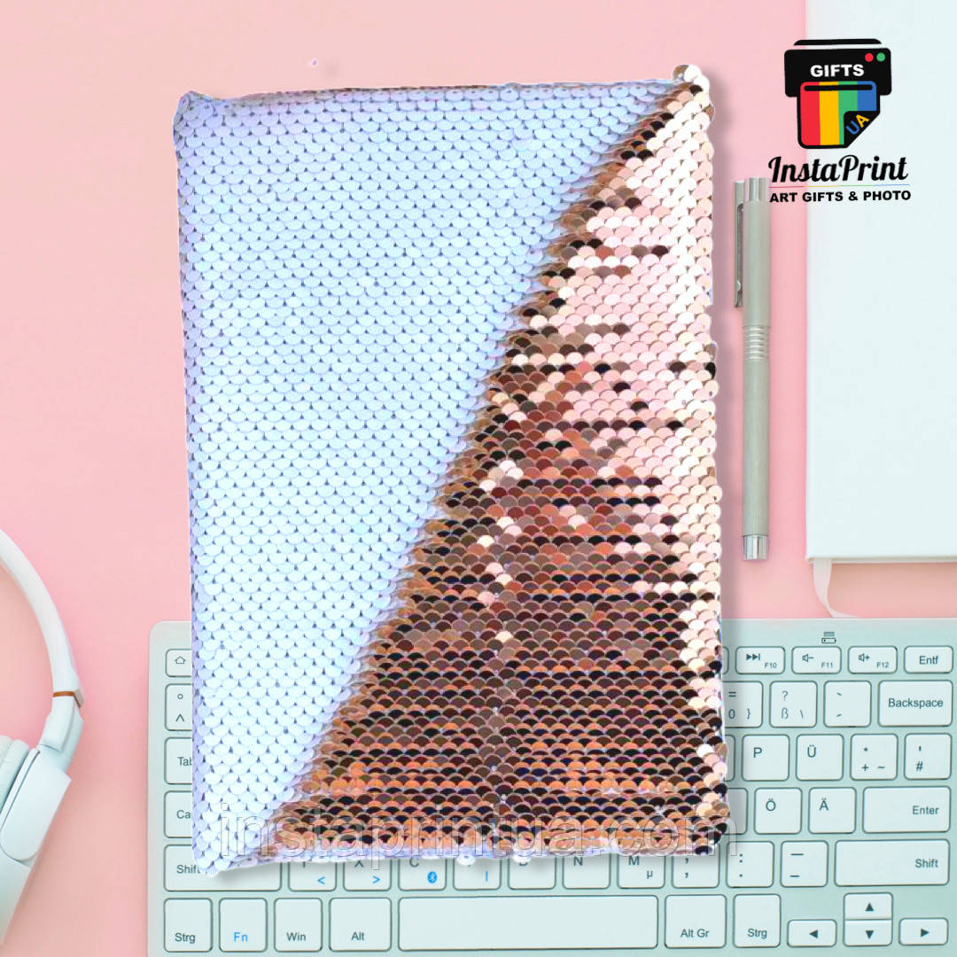 Блокнот з паєтками А5 шампань + друк. Друк на блокнотах, фото 1