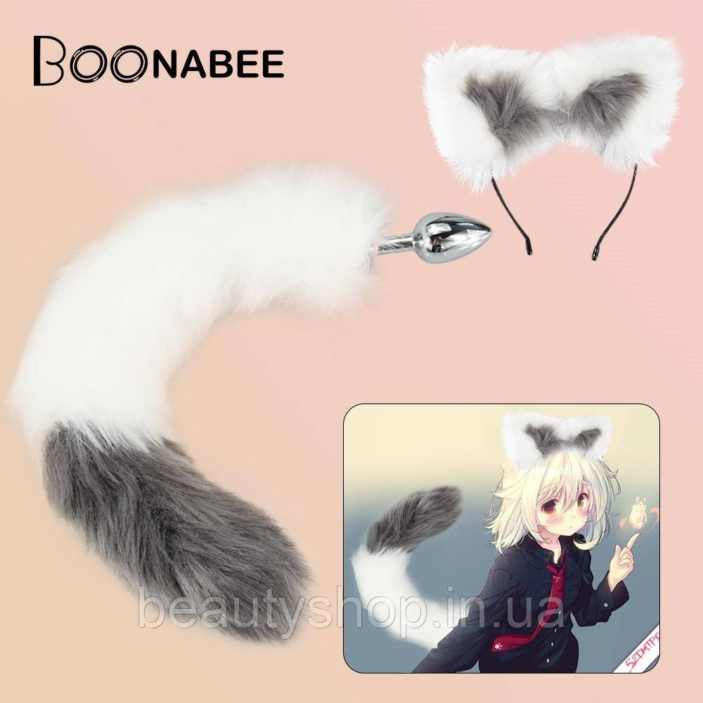 Анальна металева пробка з пухнастим лисичим хвостом та обідком з котячими вушками