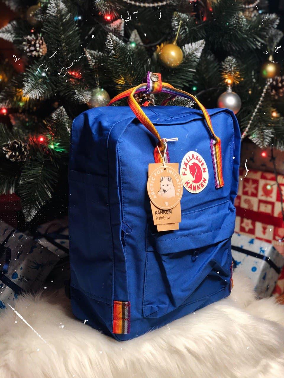 Рюкзаки та ранці шкільні Fjallraven Kanken. Рюкзак Канкен блакитний з райдужними ручками. Рюкзаки в школу 16л, фото 1