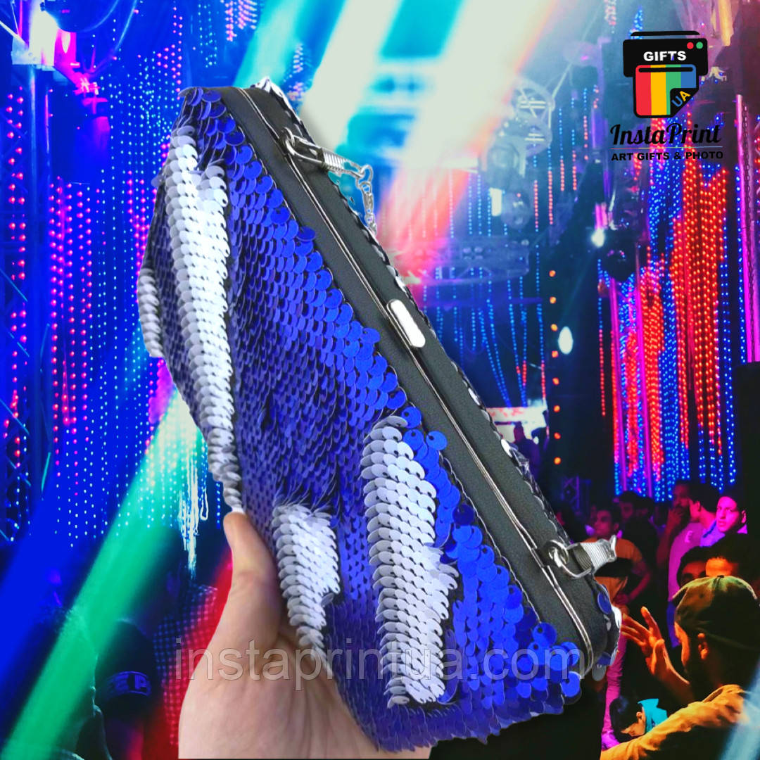 Сумка Клатч із паєтками  синій + друк на ній з 2 боків, фото 1