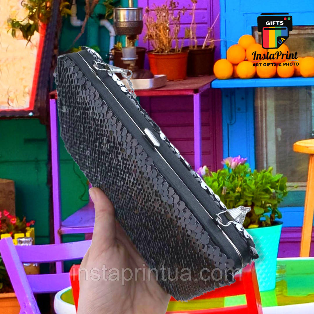 Сумка Клатч із паєтками чорний + друк на ній з 2 боків, фото 1