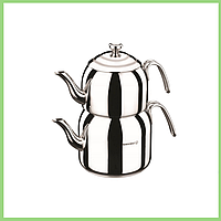 Чайник подвійний турецький з нержавіючої сталі Korkmaz Droppa Midi A 056 для всіх видів плит 2 кришки