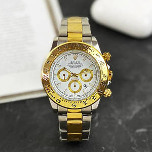Чоловічі наручні годинники Rolex Daytona Quartz Date Silver-Gold-White