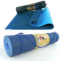 Спортивный коврик для йоги и фитнеса Premium TPE 6 мм + Чехол йога мат, каремат для спорта 2-х слойный Синий-голубой