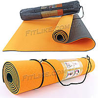 Спортивный коврик для йоги и фитнеса Premium TPE 6 мм + Чехол йога мат, каремат для спорта 2-х слойный Оранжевый-Черный