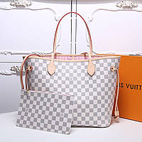 Сумка Луї Вітон Neverfull канва Damier Azur+Pink, шкіряна