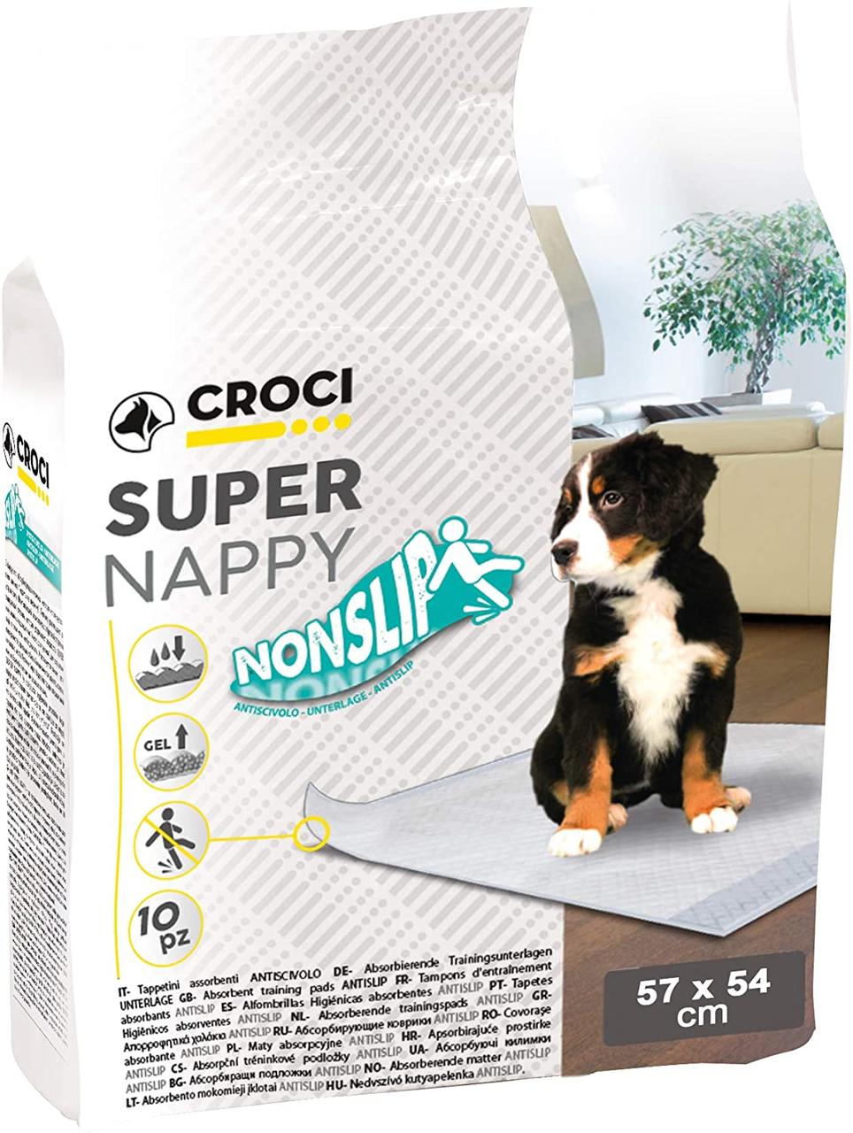 Одноразові пелюшки для собак 57*54 см Croci Super Nappy Nonslip антиковзкі 10 шт/уп, фото 1