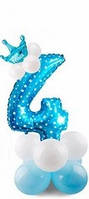 Фольгована куля цифра 4 блакитна з підставкою та короною