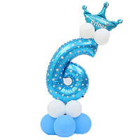 Фольгована куля цифра 6 блакитна з підставкою та короною
