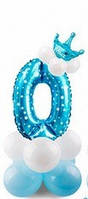 Фольгована куля цифра 0 блакитна з підставкою та короною