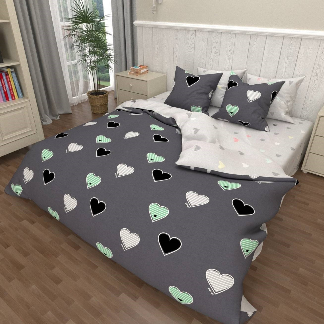 Наволочка на блискавці 70х70 (Бязь) | Від виробника "Королева Ночі" | Серця на сірому, фото 1