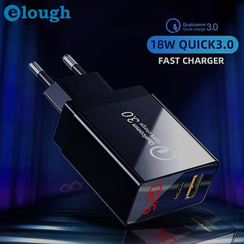 Зарядний пристрій для телефона з функцією швидкого заряджання й індикацією Elough PD3.0 USB + Type-C 18W.