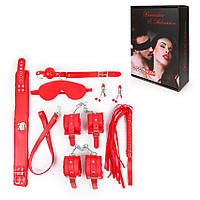 Преміумнабір БДСМ (маска, кляп, затискачі, пльотка, нашийник, повідець, наручники, оваки) колір червоний