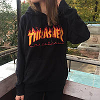 Женская Толстовка Thrasher Hoodie Кофта с капюшоном Трешер Кенгурушка черная принт Трэшер Летняя \ Зимняя