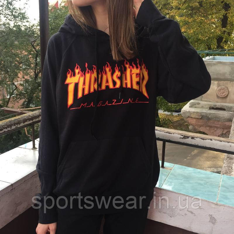 Жіноча Толстовка Thrasher Hoodie Кофта з капюшоном Трешер Кенгурушка чорна принт Трешер Літня \ Зимова, фото 1