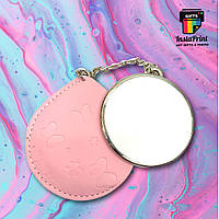 Зеркальце металлическое круглое в розовом чехле + печать фото / картинка / логотип /текст
