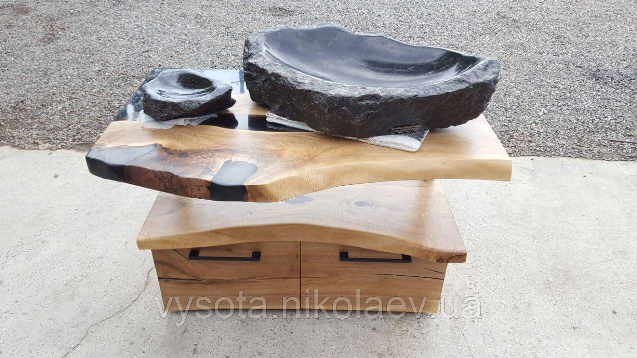 Набір в ванну: кам'яний умивальник & стіл з Горіха & мильниця, фото 1