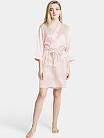 Женский шелковый атласный халат короткий до колен розовый (размеры 42-58 XS- 4XL)
