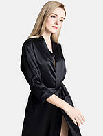 Жіночий шовковий халат атласний короткий чорний (розміри 42-58 XS- 4XL), фото 5