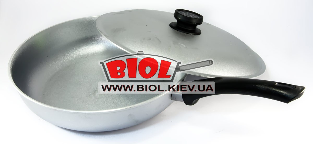 Сковорода алюмінієва 28 см рівне дно, пластикова ручка, кришка БІОЛ A283, фото 1