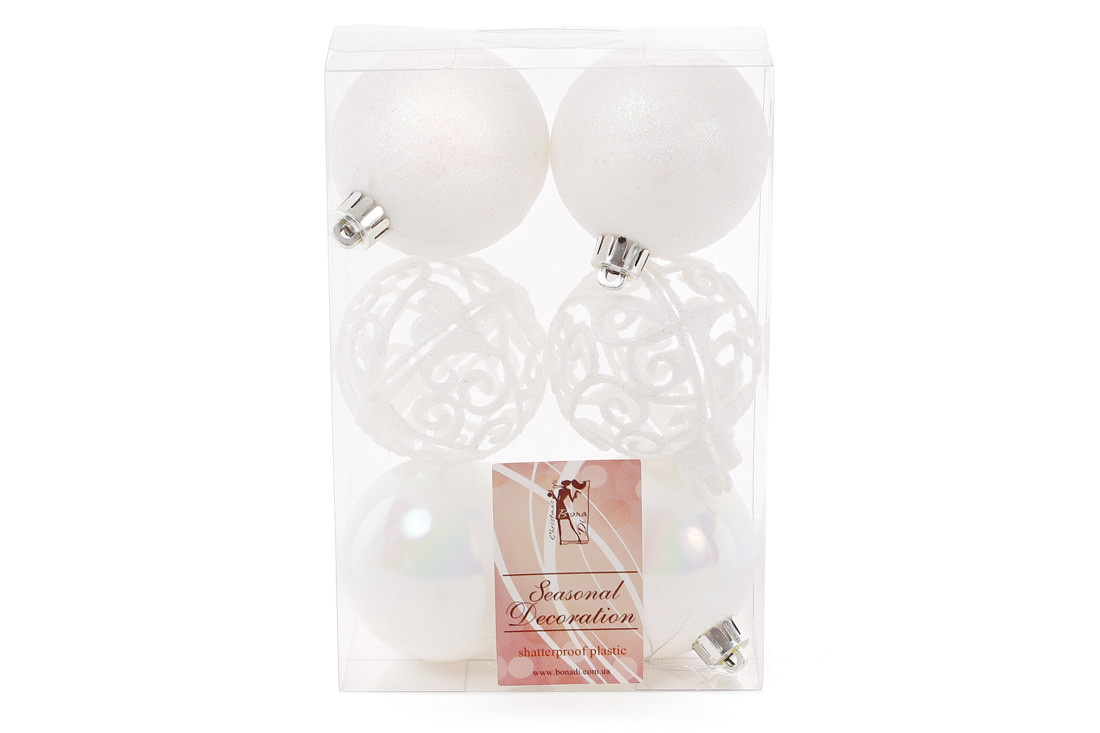 Набір ялинкових шарів 6 см, колір: білий - перламутр, ажур, глитер