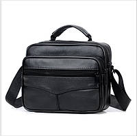 Шкіряна сумка, чоловіча барсетка, каркасна чорна сумка через плече з ременем 21х18х10 см, месенджер