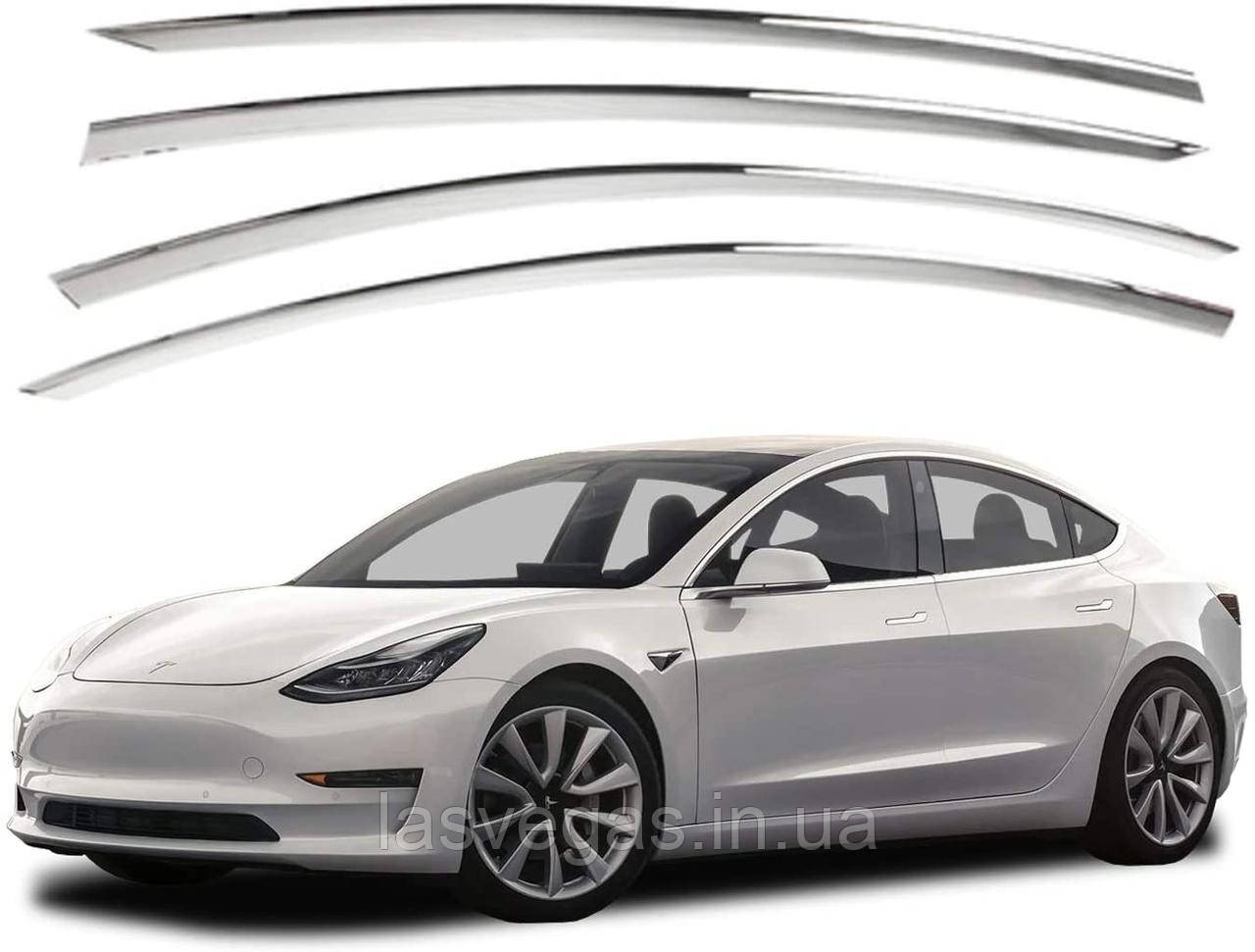 Дефлектори вікон, вітровики хромовані Tesla Model 3 2017- (Autoclover E033), фото 1
