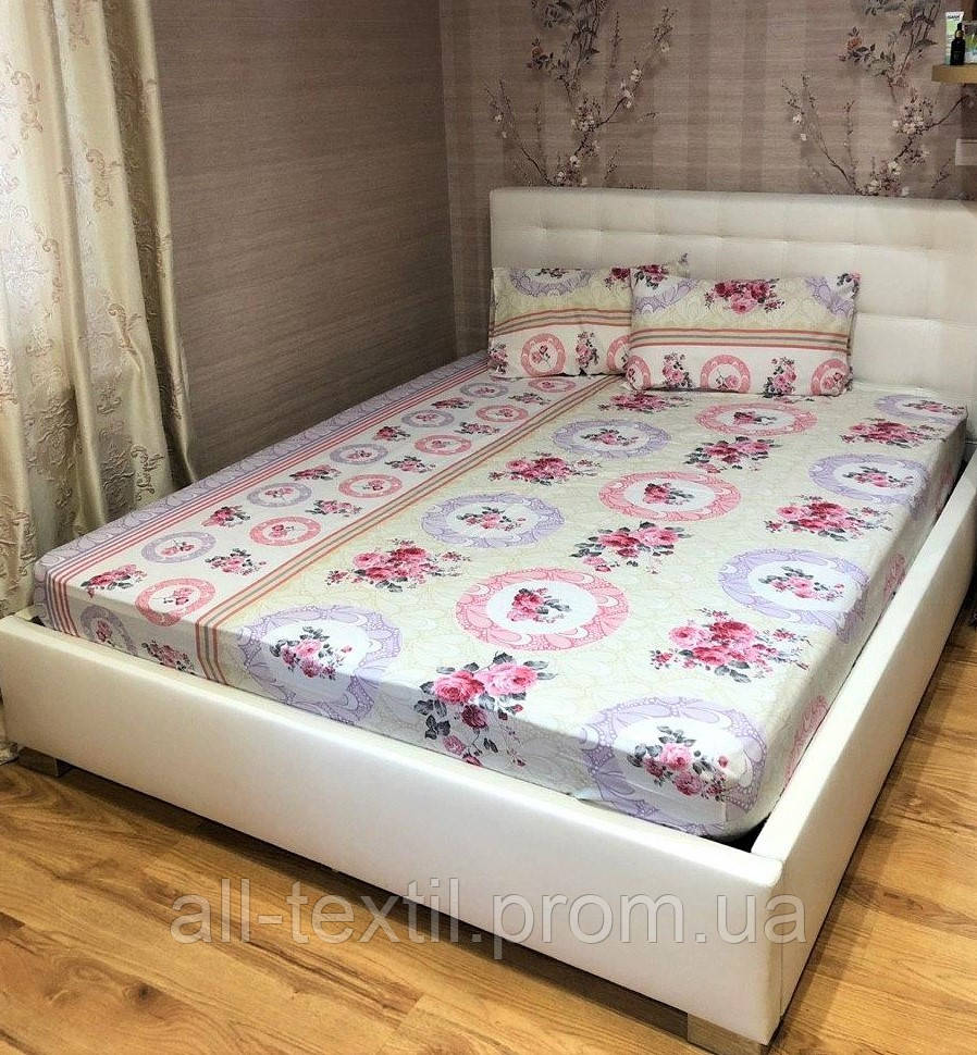 Бавовняна простирадло на гумці з наволочками 160*200 Туреччина Різні кольори і малюнки №3 Бузковий