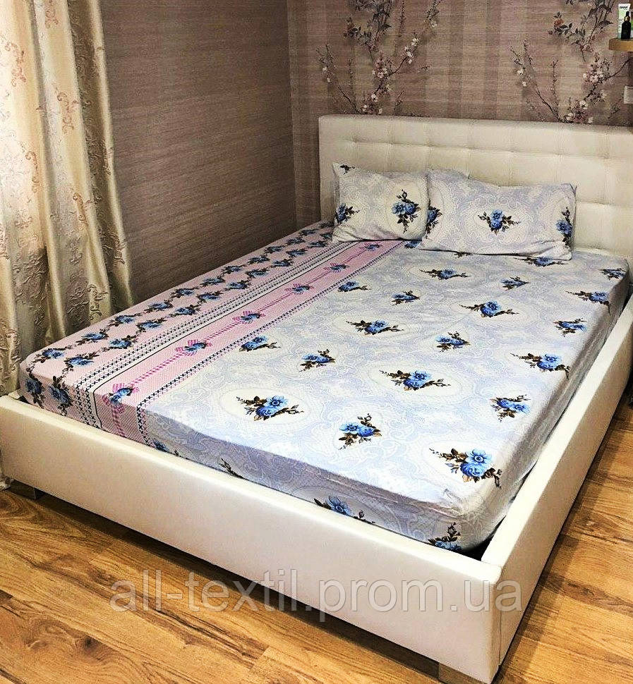 Бавовняна простирадло на гумці з наволочками 160*200 Туреччина Різні кольори і малюнки №4 Синій