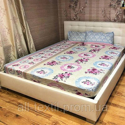 Бавовняний комплект на резинці 180*200 Туреччина Різні кольори №3 Синій