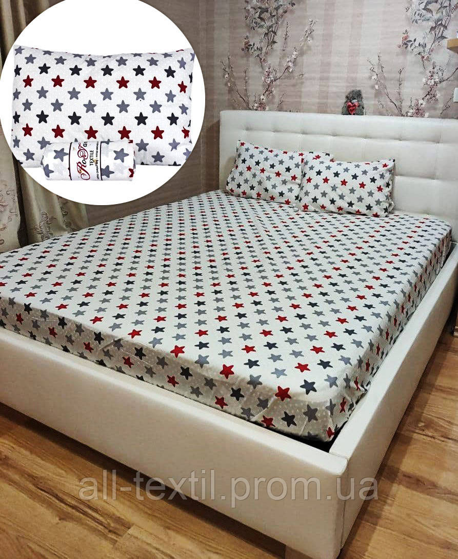 Бавовняна простирадло на гумці з наволочками 160*200 Туреччина Різні кольори і малюнки червоні Зірки