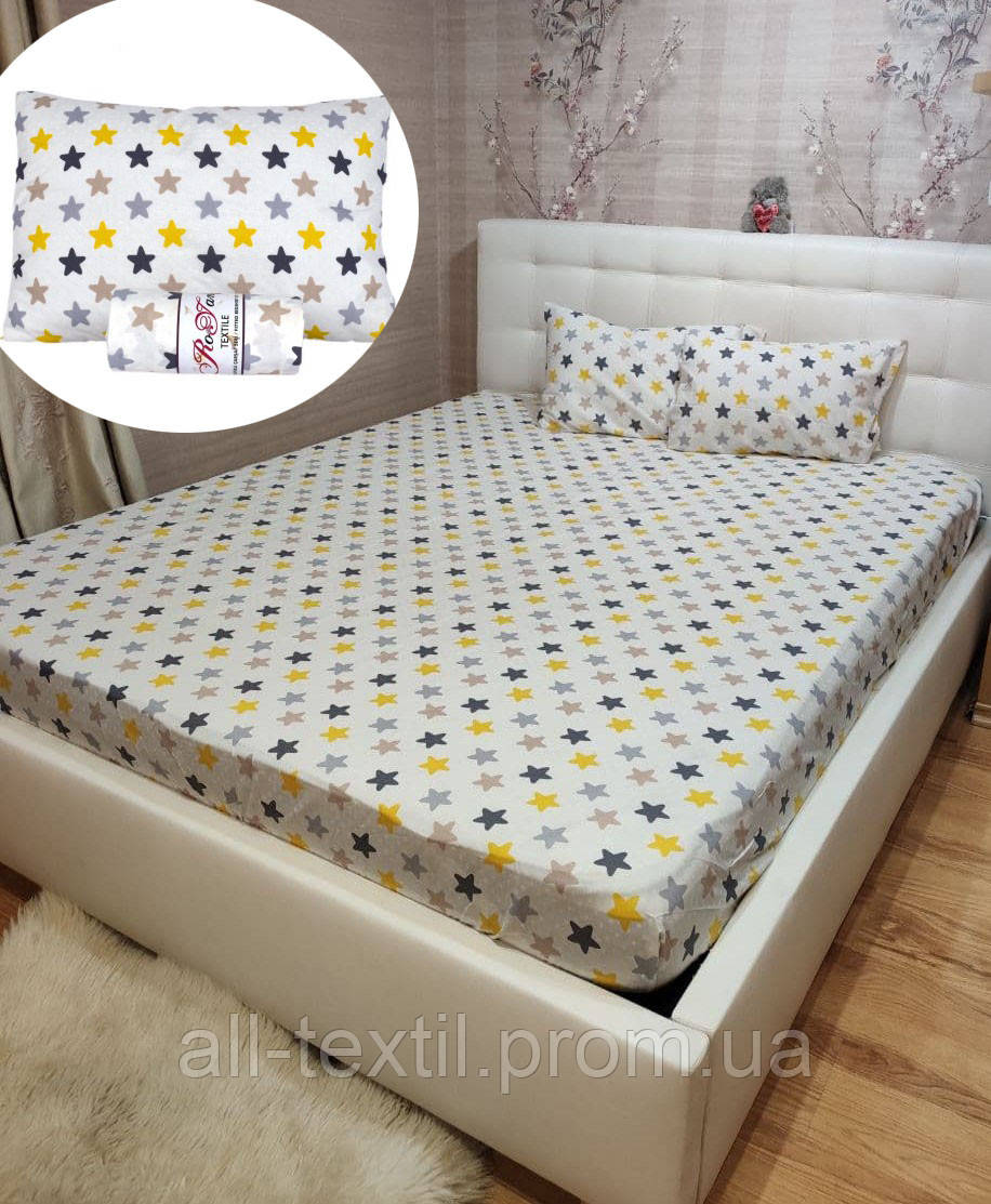 Бавовняний комплект на резинці 180*200 Туреччина Різні кольори Жовті Зірки