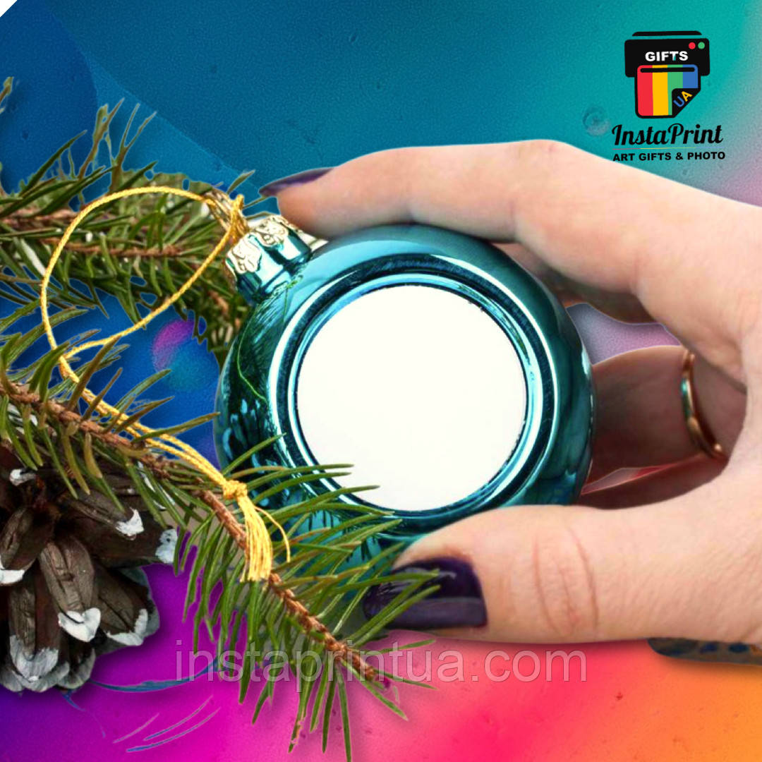 Новорічна куля блакитна + термодрук фото на металі. Ялинкова іграшка з фото, фото 1