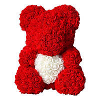 Мишка из искусственных 3D роз в подарочной упаковке 40 см красный - 140102! наилучший