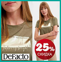 Женская футболка Defacto/Дефакто цвета хаки Make new memories- Future is bright