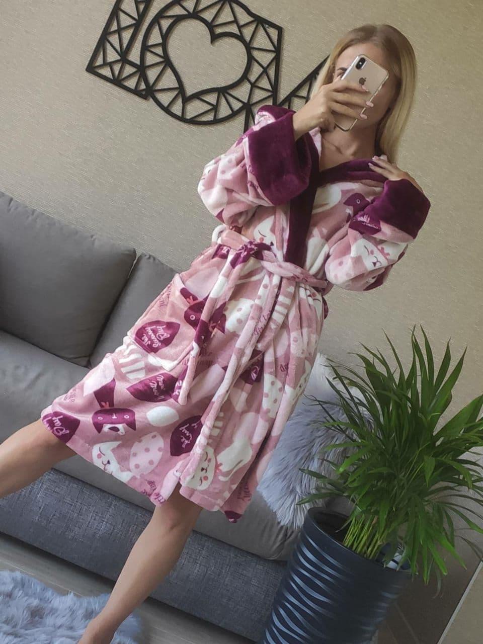 Халат бежевий домашній із котами, фото 1